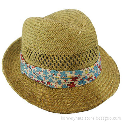 Ladies' Rush Straw Fedora, Open Weave, Flora Print Band
